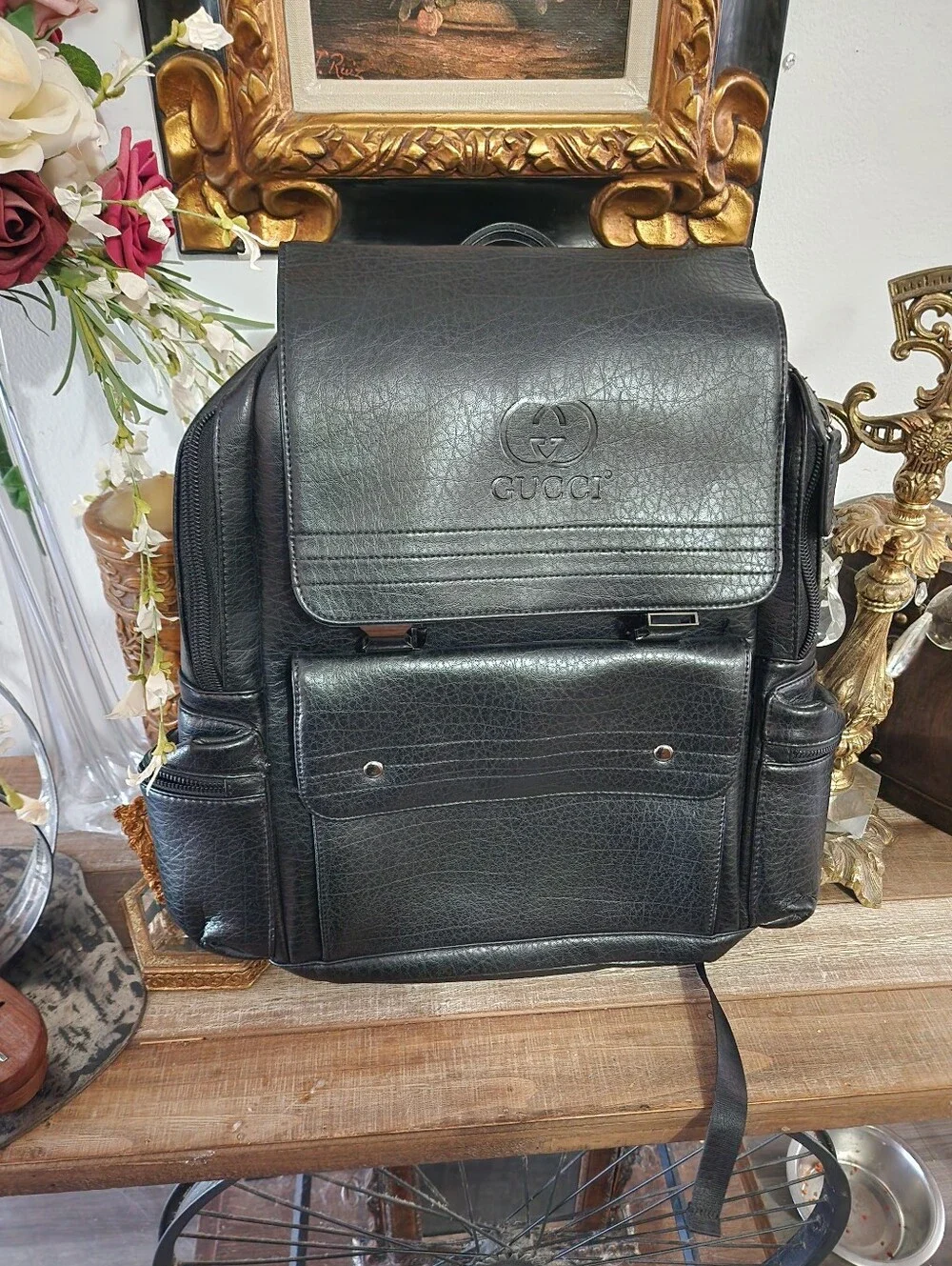 Black Faux Leather Laptop Backpack Travel Business School Unisex